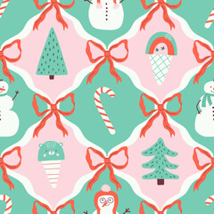 Sweet Holiday Magic , Playful Christmas pattern with bows, trees, snowmen, and candy canes in soft pink and mint tones.