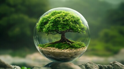 bonsai tree enclosed in a clear sphere in soft fog background with dynamic reflections
