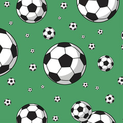 Seamless vector background with a repeating pattern of classic black and white soccer balls scattered across a vibrant green field for sports design