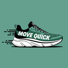 Dynamic vector illustration of a modern athletic sneaker in motion with the slogan 'Move Quick,' perfect for sports and fitness concepts