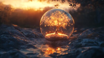 fantasy glowing tree encased in a light orb in ambient light space with clarity and glow