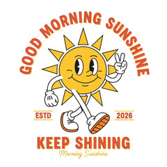 A cheerful retro walking sun mascot character with a smiling face making a peace sign gesture, an upbeat vintage cartoon illustration