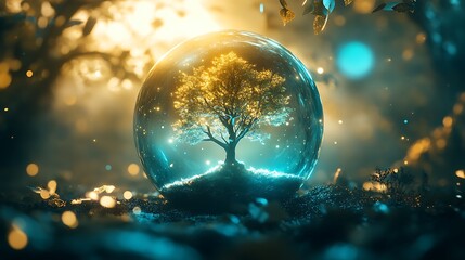 fantasy glowing tree encased in a light orb in ambient light space with clarity and glow
