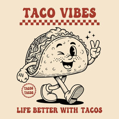 Funny retro cartoon taco mascot walking and winking with a peace sign gesture. A vintage food character illustration with positive vibes