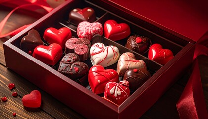 Box of assorted heart-shaped chocolates, presented for Valentine's Day