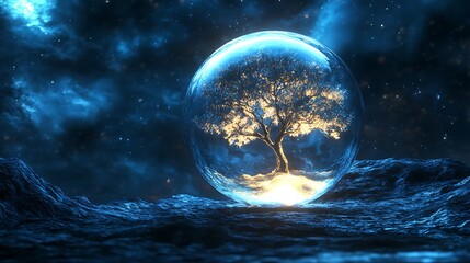 fantasy glowing tree encased in a light orb in ambient light space with clarity and glow