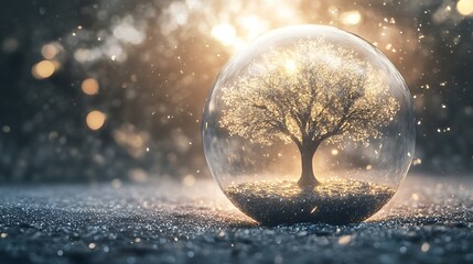 tree inside a luminous translucent sphere suspended over grey background with diffused glow