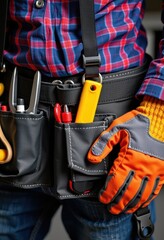 Durable tool belt and heavy-duty work gloves, ready for any job. Essential safety gear for construction, DIY projects, and maintenance tasks, job site, safety gear