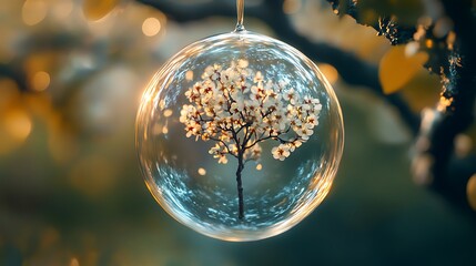 tiny blooming tree suspended in a bubble in ambient lighting showcasing texture clarity