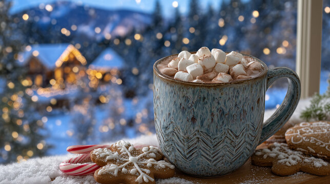 Rustic ceramic mug brimming with creamy hot cocoa topped with melting marshmallows, placed beside a frosted window overlooking snowy pine trees, candy canes and gingerbread cookies