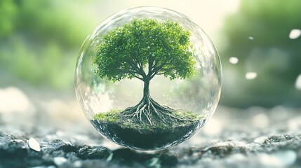 tree with roots wrapping inside a glass sphere in soft light space with subtle harmony