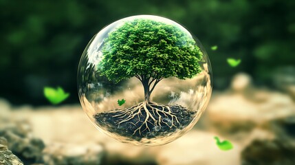 tree with roots wrapping inside a glass sphere in soft light space with subtle harmony