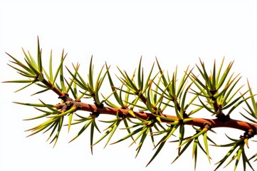 Isolated acacia tree branch with sharp thorns on a pure white background, detailed texture visible, twig, object