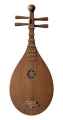 An antique wooden Pipa, a traditional Chinese lute with four strings and intricate carvings, shown vertically. Isolated on Transparent and White Background