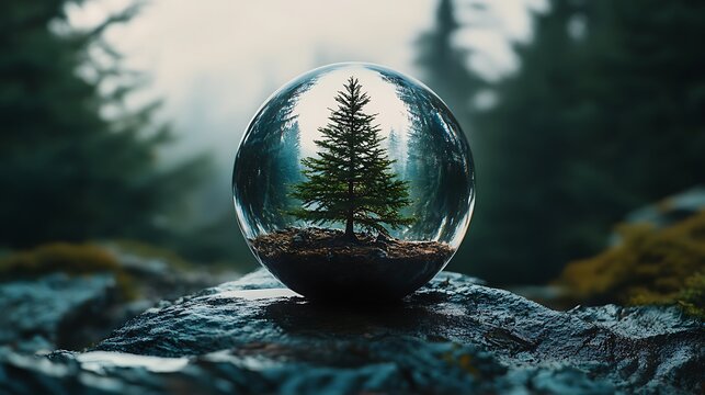realistic pine tree inside a crystal ball above neutral space with ambient soft diffusion
