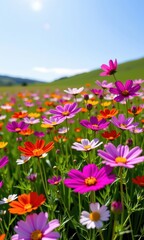 Vibrant cosmos flowers burst with color in a sun-drenched, verdant meadow landscape, blooming flowers, soft focus