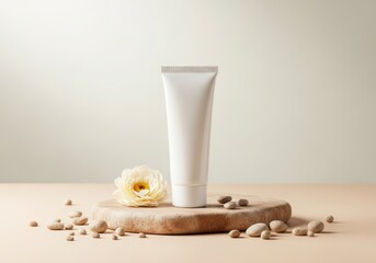 Moisturizing cream tube placed on wooden surface with flowers and stones  