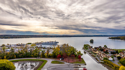 Canandaigua, NY, USA - October 17, 2025: Aerial photo over Canandaigua City Pier, Downtown Canandaigua New York