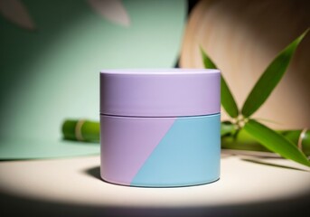 Colorful cosmetic cream jar with modern design and bamboo background  