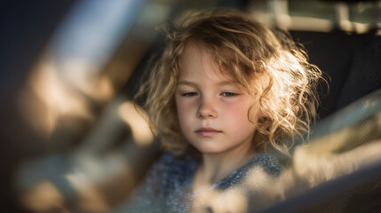A young child sitting quietly in the back seat of a car under harsh sunlight, warm tones and reflections on the glass emphasizing heat and stillness, evoking concern and vulnerabil