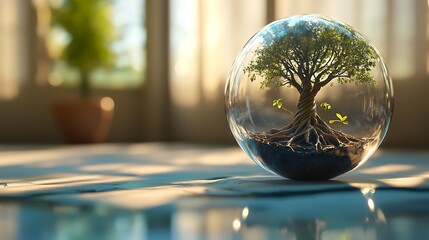 tree with roots wrapping inside a glass sphere on pastel floor with ambient soft diffusion
