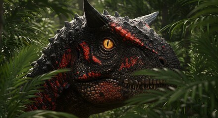 Close up of a carnotaurus dinosaur with sharp teeth and yellow eye in a jungle environment setting