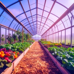 Lush Greenhouse Interior with Thriving Vegetable Plants.