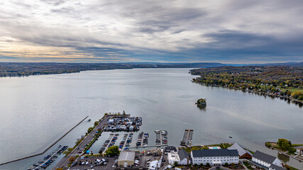 Canandaigua, NY, USA - October 17, 2025: Aerial photo over Canandaigua City Pier, Downtown Canandaigua New York