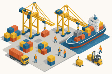 Isometric cargo port with workers, crane, ship, and containers