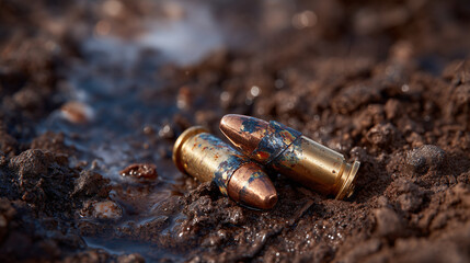 High-detail macro of bullet shells resting on scorched soil, reflections of sky and smoke captured on metallic surfaces, visually rich and somber