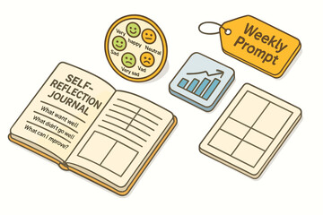 Self-reflection tools with journal, mood tracker, weekly prompt, and growth chart symbols