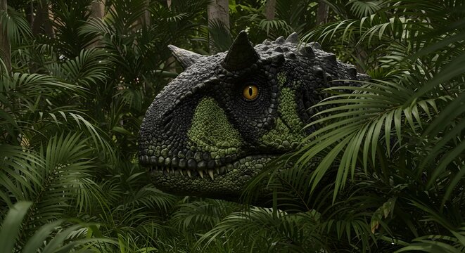 A carnotaurus dinosaur head with horns and yellow eye peeking through dense tropical green foliage