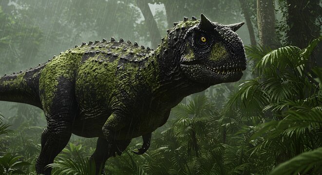 A carnotaurus dinosaur standing in a lush green jungle with dense foliage and trees in the background