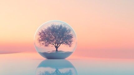 tree inside a luminous translucent sphere on soft pastel surface with subtle color harmony