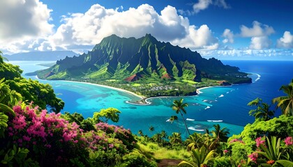 Lush Island Paradise - A Tropical Mountain Landscape with Azure Waters.