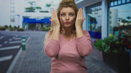 Woman in pink sweater covering her face with hands and visible fingers while seated before a street building facade; playful shyness.