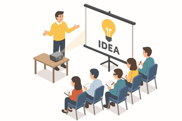 Asian male presenter sharing business ideas with diverse audience in seminar setting