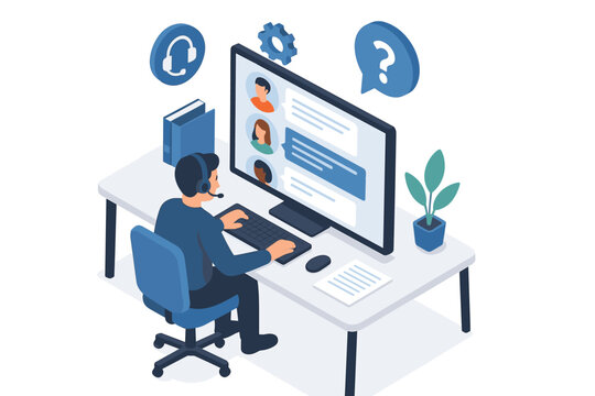 Customer support illustration: male representative assisting clients with helpdesk software