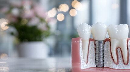 Close-up view of a dental implant model showing titanium post and ceramic crown fixed bridge, displayed on a pure white background with soft clinical lighting