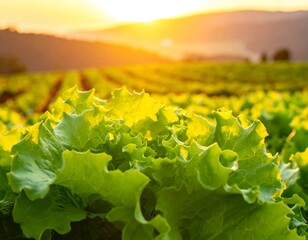 Lush Lettuce Field at Sunset - A Vibrant Agricultural Landscape.