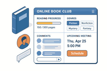 Online book club interface with reading progress and genre details