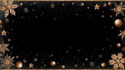 Elegant dark christmas border with golden snowflakes stars and baubles for festive holiday invitations and designs