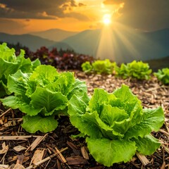 Lush Lettuce Rows at Sunset - A Vibrant Garden Scene.