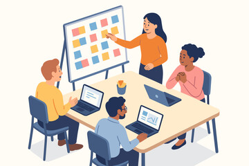 Diverse team collaborating in office meeting with laptops and sticky notes