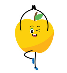 Cute strong apple character meditate in yoga pose. Cartoon apple gym, health, fitness yoga meditate