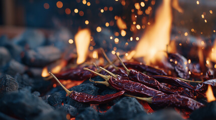 Chili peppers roasting on smoldering charcoal with visible heat waves and glowing sparks, evoking fiery intensity and culinary passion