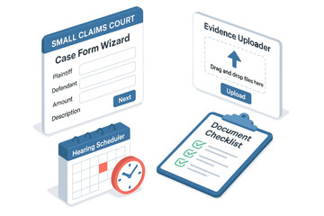 Legal tools interface: case form, evidence uploader, hearing scheduler, document checklist