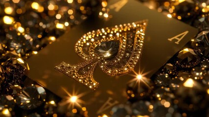 Intricate golden playing card design with sparkling gems on a luxurious surface at a casino setting