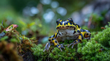 Fototapeta premium Macro photography of a neon yellow and black spotted frog on moss, ultra-detailed skin texture, soft bokeh background emphasizing natural habitat