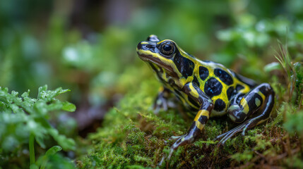 Fototapeta premium Macro photography of a neon yellow and black spotted frog on moss, ultra-detailed skin texture, soft bokeh background emphasizing natural habitat